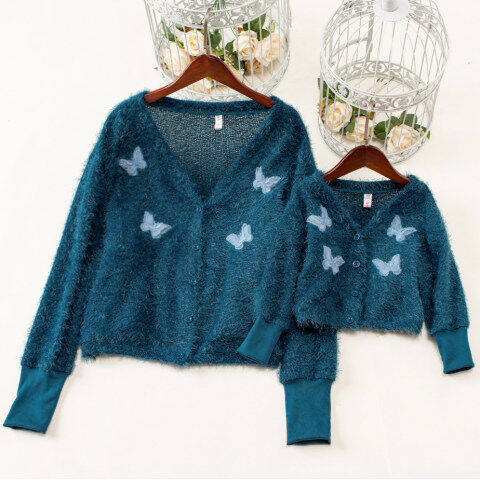 Lukalula Sweet Butterfly Embroidery Blue Sweater Mom Girl Matching Cardigan