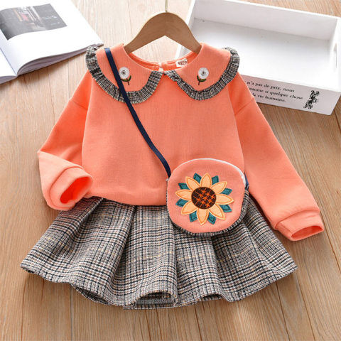Lukalula 【18M-7Y】Girls Doll Collar Sweater Plaid Pleated Skirt Set