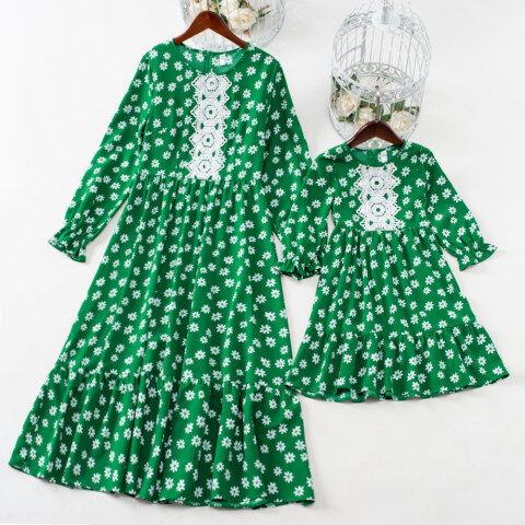 Lukalula Sweet Green Floral Long Sleeve Mom Girl Matching Dress