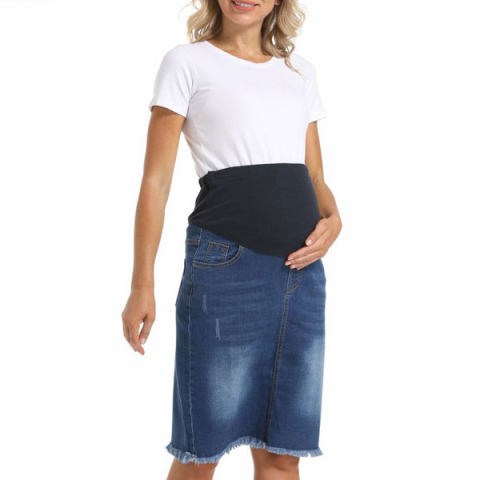 Lukalula Maternity Loose Belly Support Denim Thin Large Size Short Skirt With Raw Edges