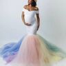 Lukalula Maternity Lace Stitching Rainbow Mesh Trailing Short-sleeved Dress Long Dress Photography Trailing Dress