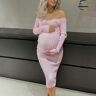 Lukalula Maternity Pink Solid Knitted Rib Fabric Off Shoulder V-neck Fall Fashion Photoshoot Maxi Dress