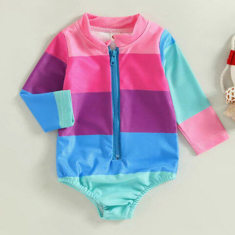 Lukalula 【18M-7Y】Girl Cute Vacation Rainbow Stripes Heart Shaped Fish Scale Flamingo Print Long Sleeve One-Piece Swimsuit