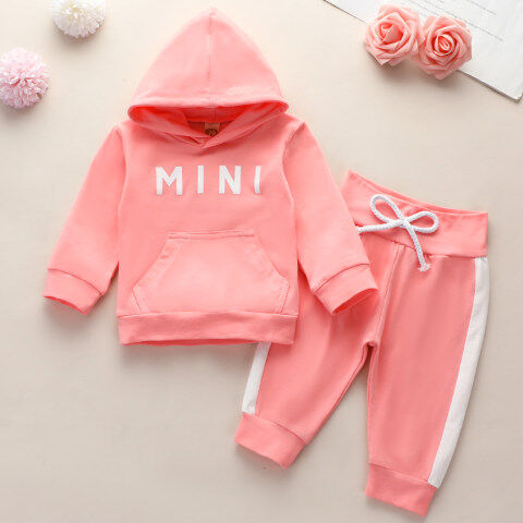 Lukalula 【0M-12M】 2-piece Girl Baby Letter Print Pink Hooded Sweatshirt And Pants Set