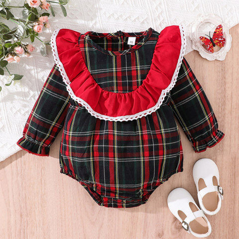 Lukalula 【6M-4Y】Baby Girl Christmas Plaid Print Ruffle Long Sleeve Romper