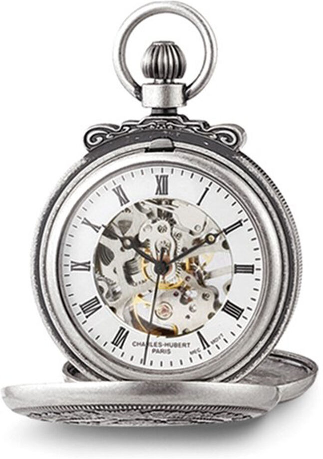 Charles-Hubert Paris Charles Hubert Antique Chrome Finish Lion Crest Pocket Watch