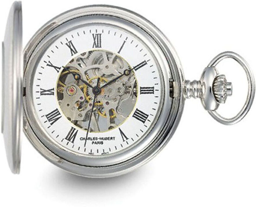 Charles-Hubert Paris Charles Hubert Stainless Striped Case w/Shield Skeleton Pocket Watch