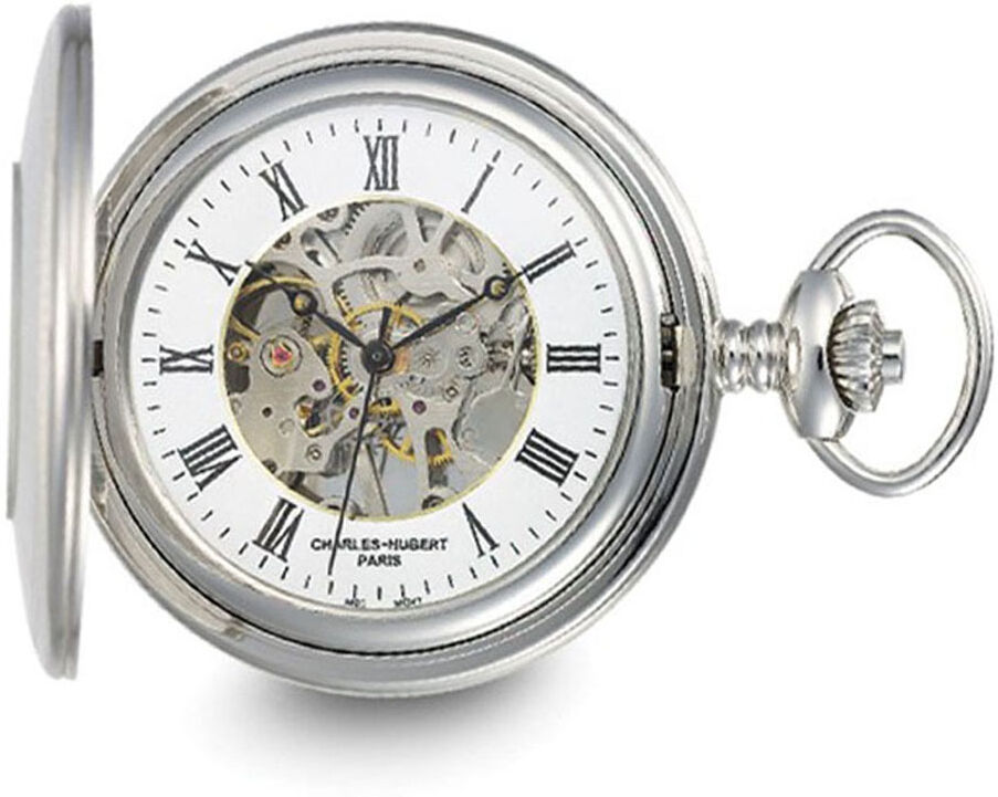 Charles-Hubert Paris Charles Hubert Stainless Hunter Case w/Shield Skeleton Pocket Watch