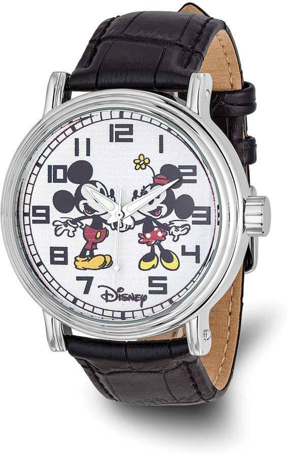 Disney Ladies Size Mickey & Minnie Black Leather Watch