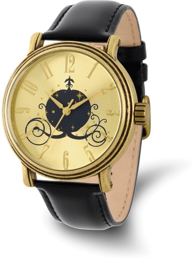 Disney Ladies Antique Gold-tone Coach Black Leather Watch