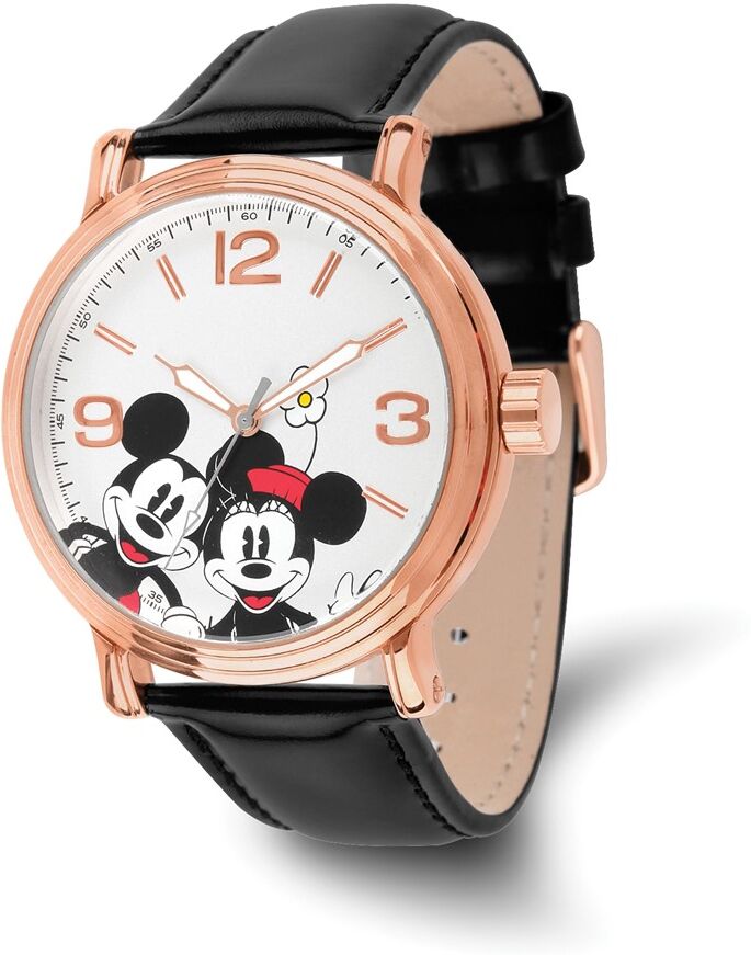 Disney Ladies Size Rose-tone Black Leather Mickey/Minnie Watch