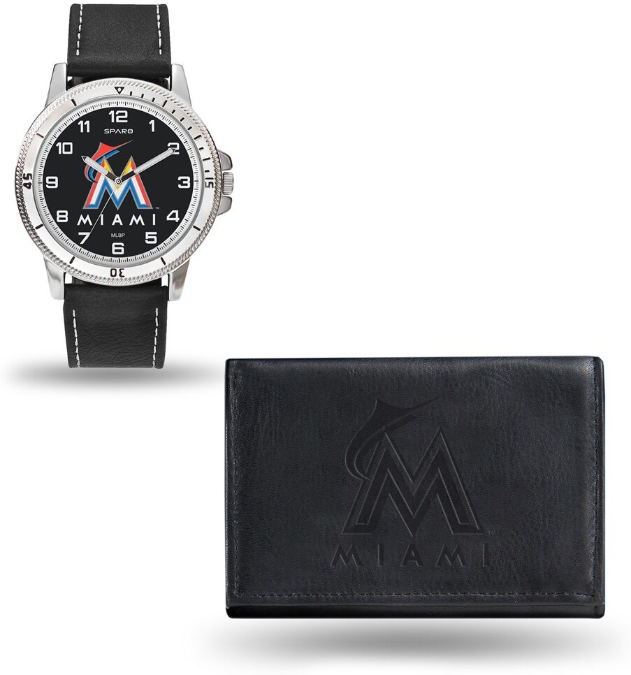 MLB Mens Miami Marlins Black Leather Watch/Wallet Set