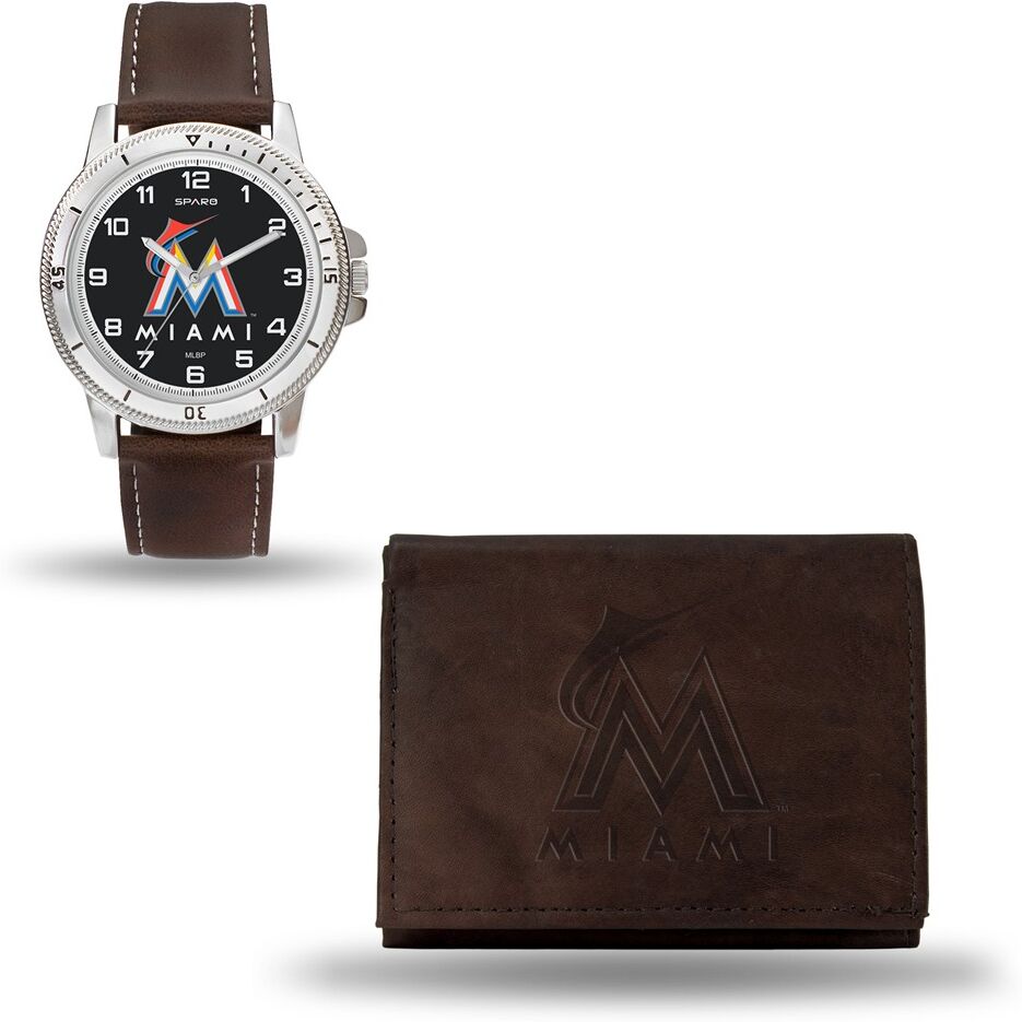 MLB Mens Miami Marlins Brown Leather Watch/Wallet Set