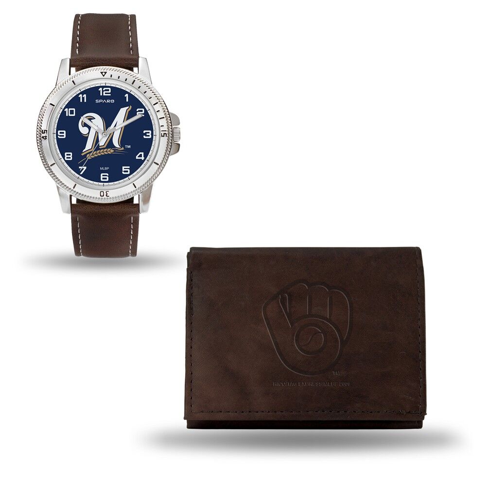 MLB Mens Milwaukee Brewers Brown Leather Watch/Wallet Set