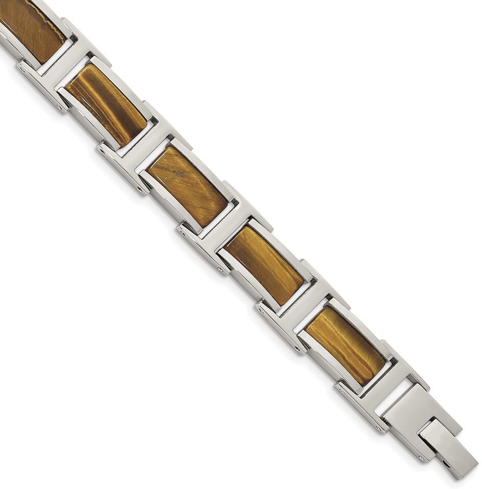 The Black Bow Men's 11mm Stainless Steel & Brown Tiger's Eye Link Bracelet, 8.5 Inch