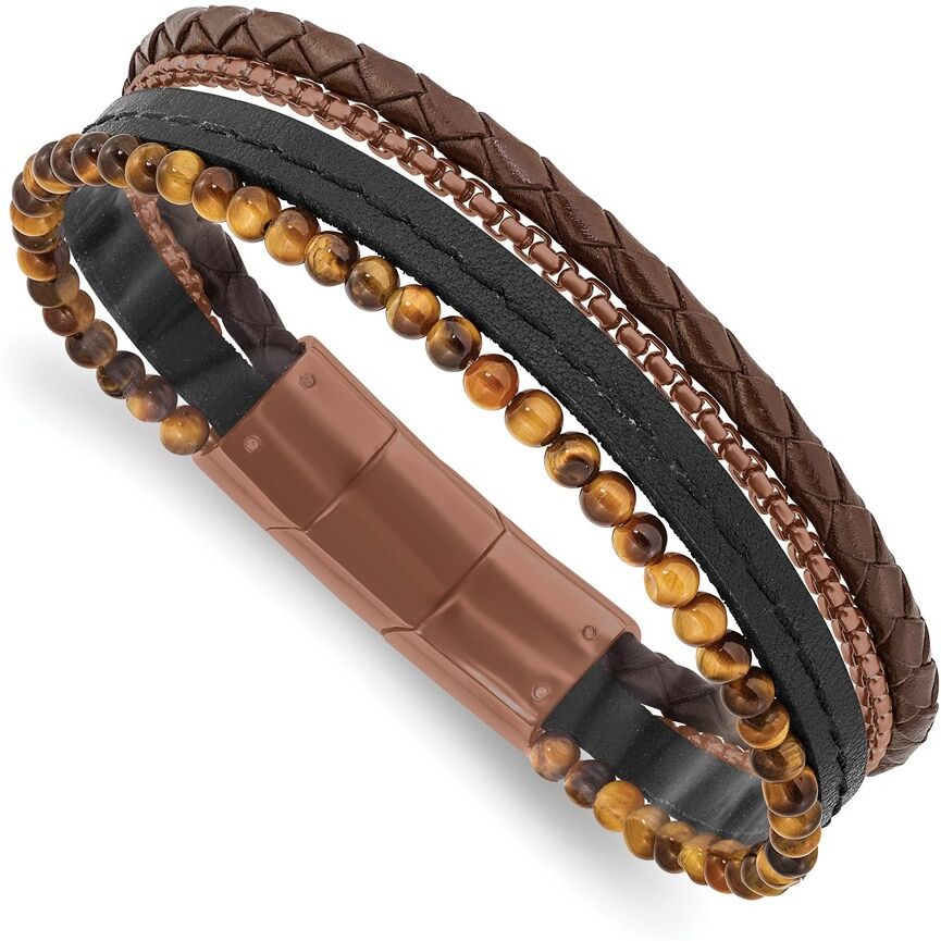 The Black Bow Brown Plated Stainless Steel, Tiger Eye, Leather Bracelet, 7.5-8 Inch