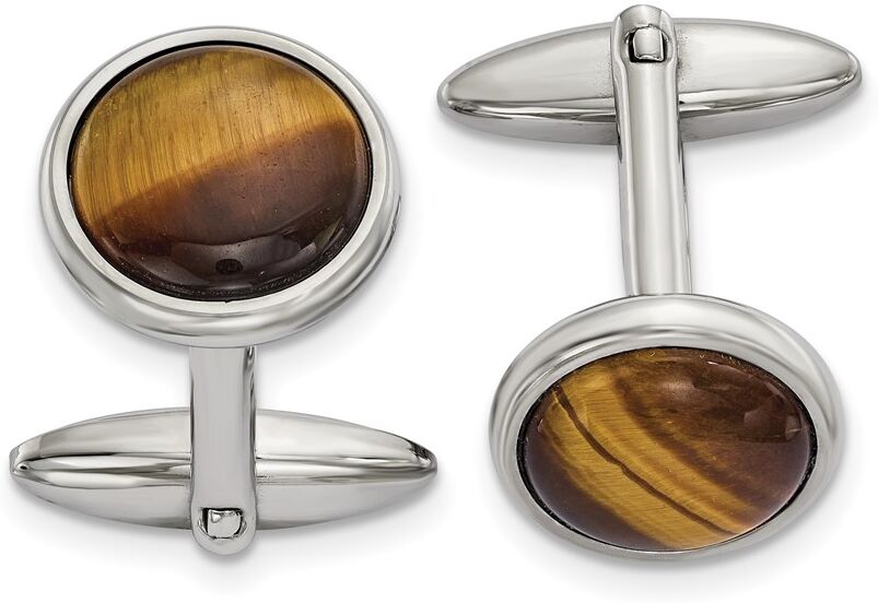 The Black Bow Stainless Steel & Brown Tiger's Eye Round Cuff Links, 16mm (5/8 Inch)