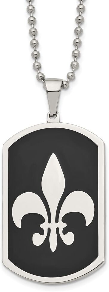 The Black Bow Stainless Steel & Black Plated LG Fleur de lis Dog Tag Necklace, 24 In