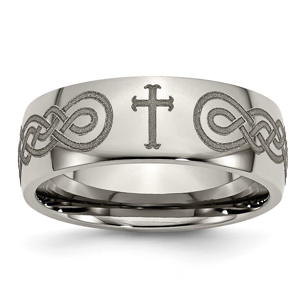 The Black Bow 8mm Titanium Etched/Polish Cross/Scroll Dome Standard Fit Band Sz 11.5
