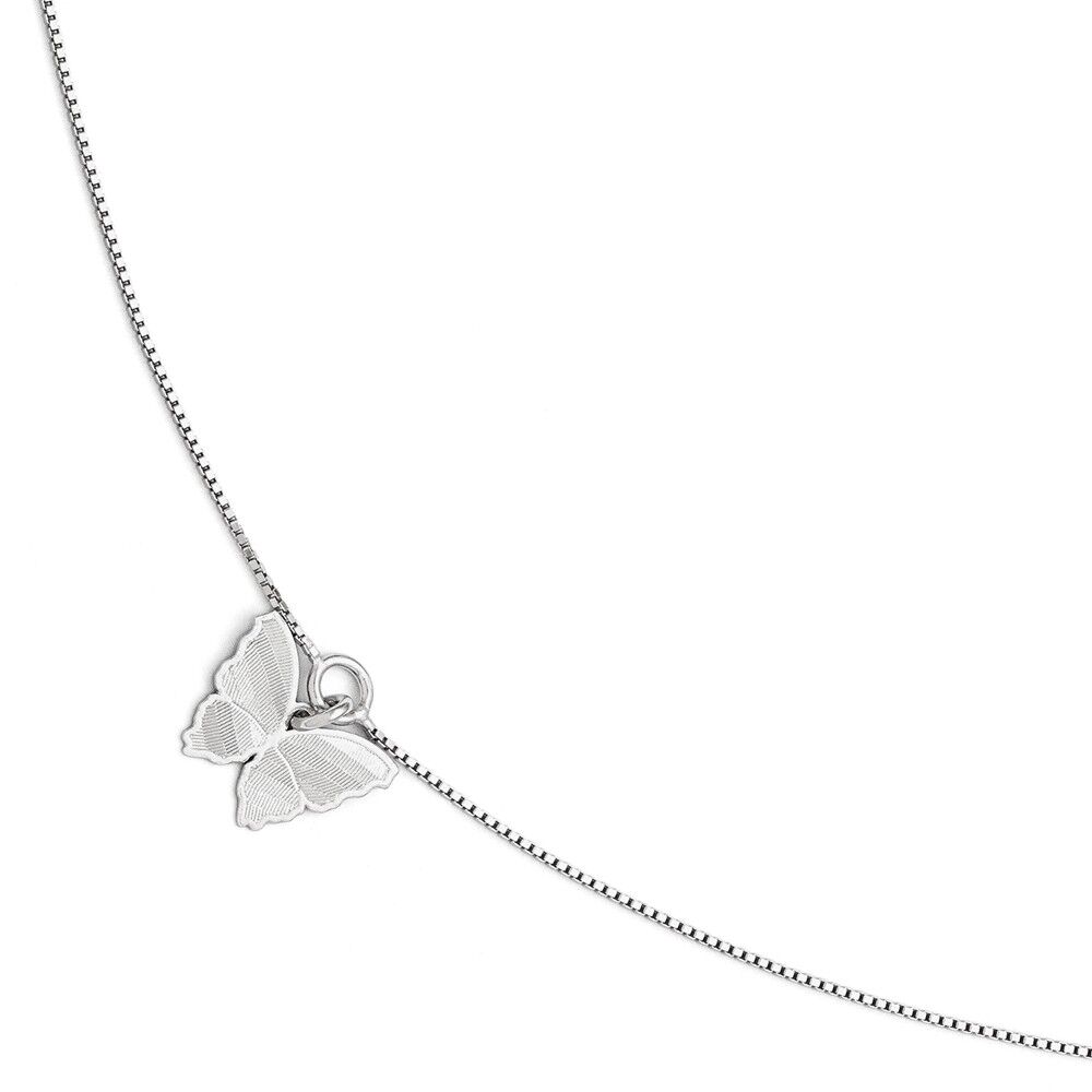 The Black Bow Sterling Silver Textured Butterfly and 1mm Box Chain Anklet, 9-10 Inch
