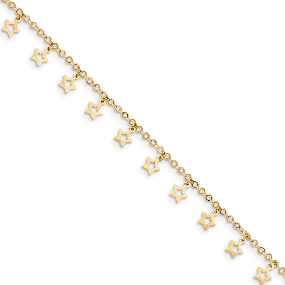 The Black Bow 14k Yellow Gold Dangling Stars 1.5mm Cable Chain Anklet, 9-10 Inch