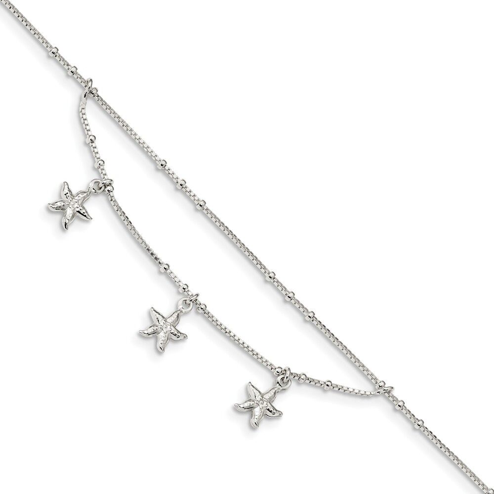 The Black Bow Sterling Silver Triple Starfish 0.8mm Box Chain Swag Anklet, 9-10 In