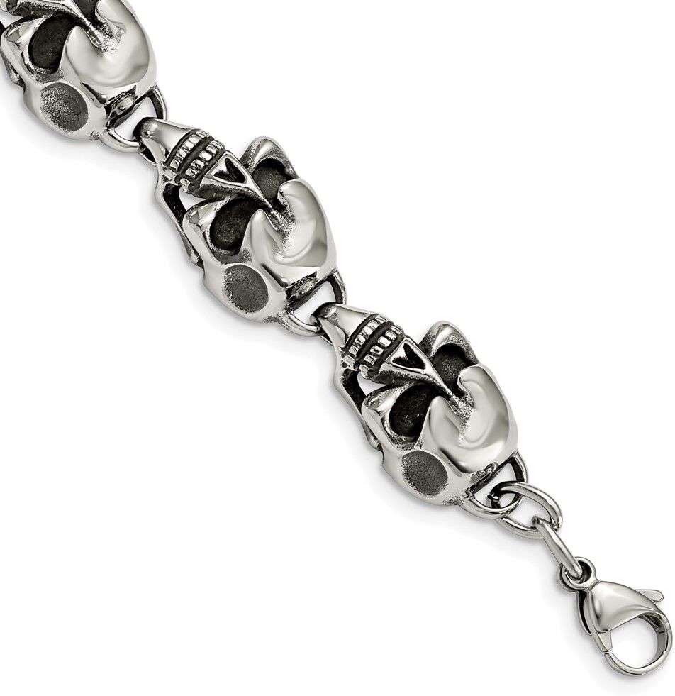 The Black Bow Men's Stainless Steel Antiqued Skulls Bracelet - 8.5 Inch