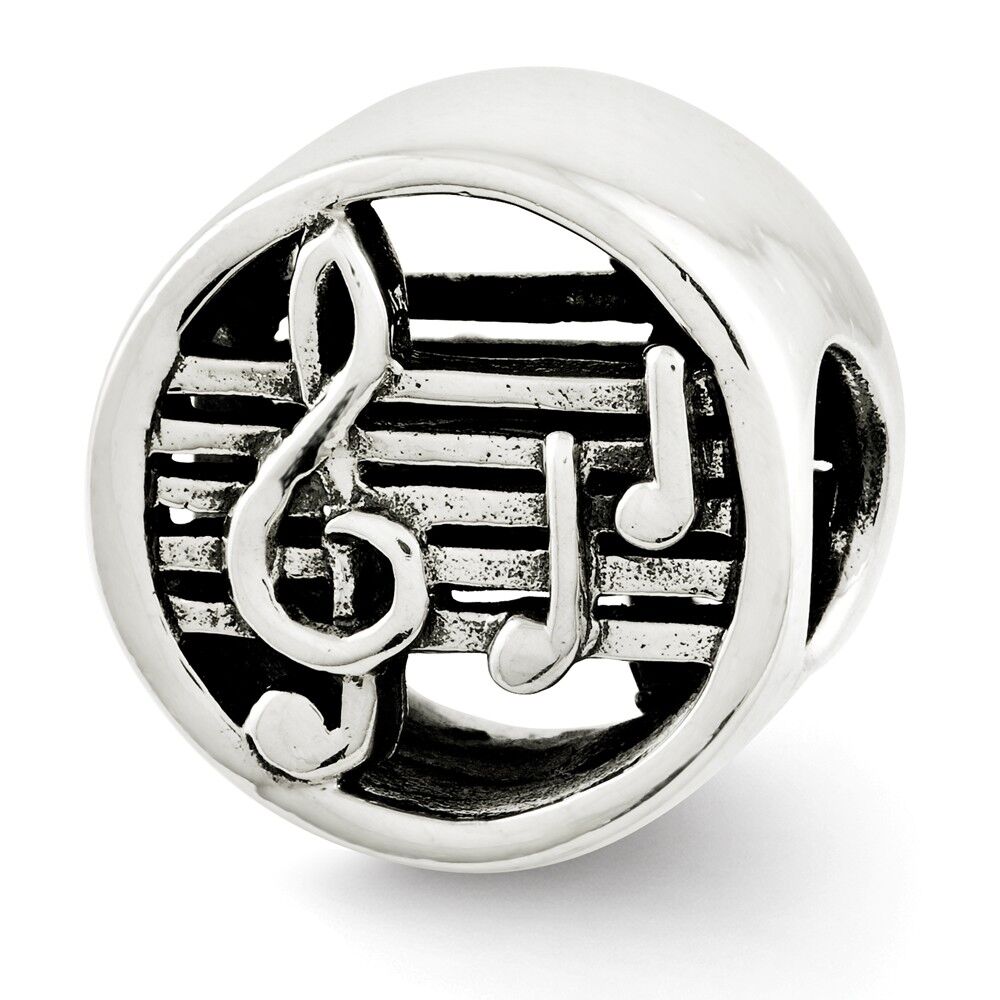 The Black Bow Music Notes and Staff Cylinder Bead Charm in Antiqued Sterling Silver