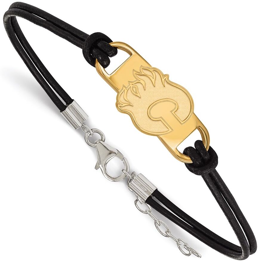 LogoArt SS 14k Yellow Gold Plated & Leather NHL Calgary Flames Adj. Bracelet