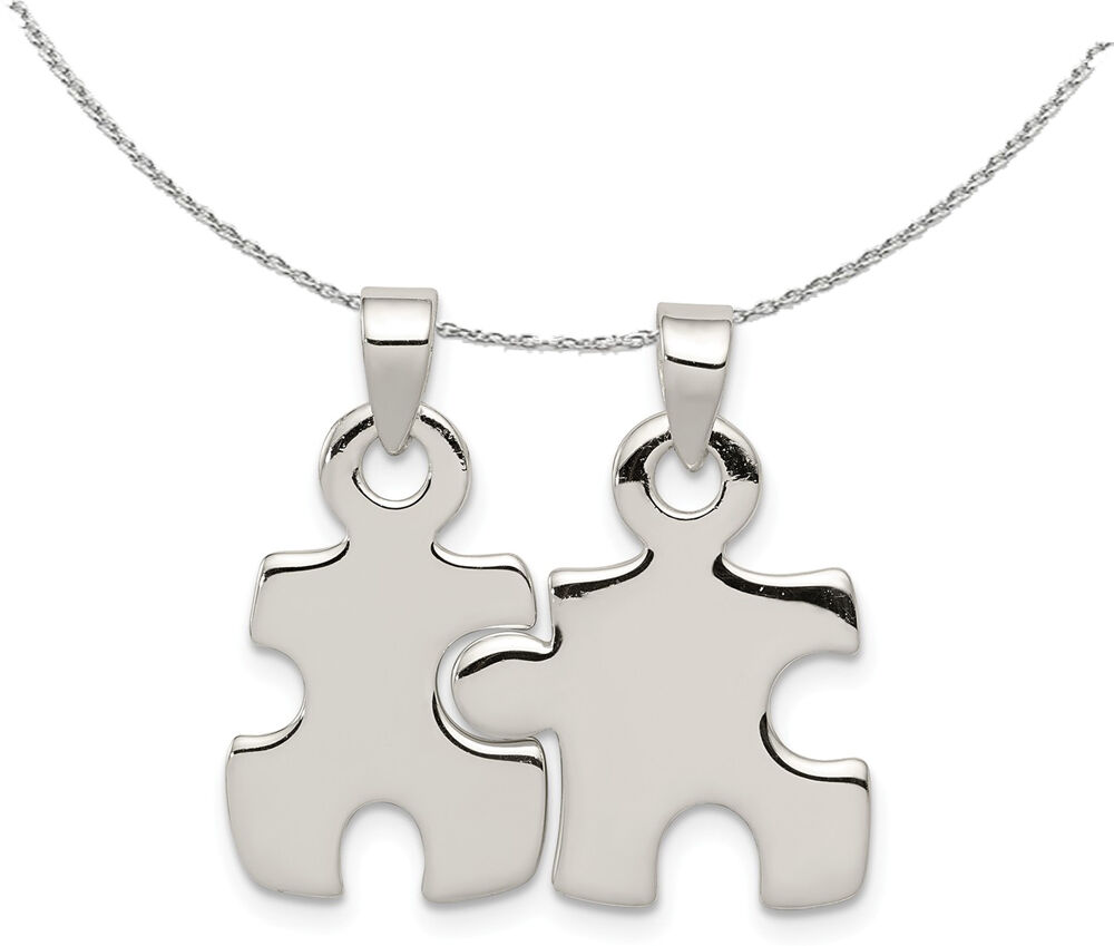 The Black Bow Silver, Set of 2, Polished Puzzle Piece Pendants Necklace - 20 In