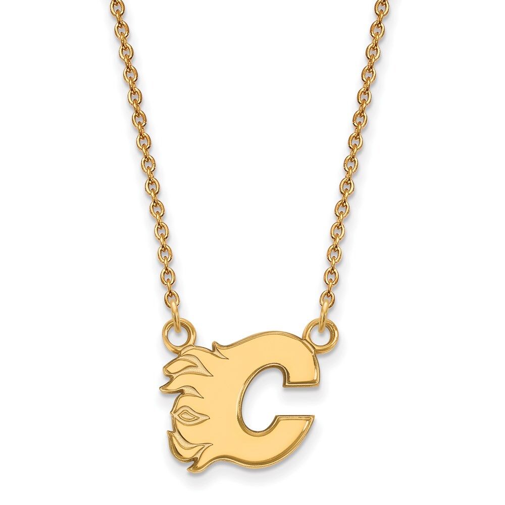 LogoArt SS 14k Yellow Gold Plated NHL Calgary Flames Small Necklace, 18 Inch