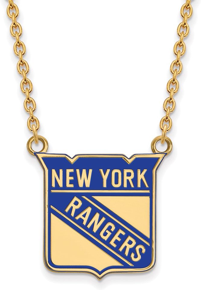 LogoArt SS 14k Yellow Gold Plated NHL NY Rangers LG Enamel Necklace, 18 Inch