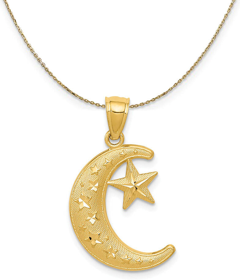 The Black Bow 14k Yellow Gold Crescent Moon and Stars (28mm) Necklace - 16 Inch