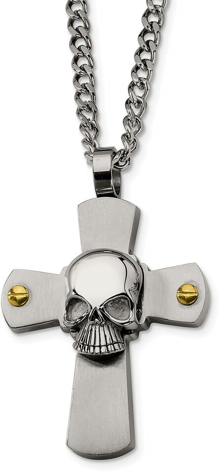 Chisel Men's Stainless Steel Skull on Cross Necklace