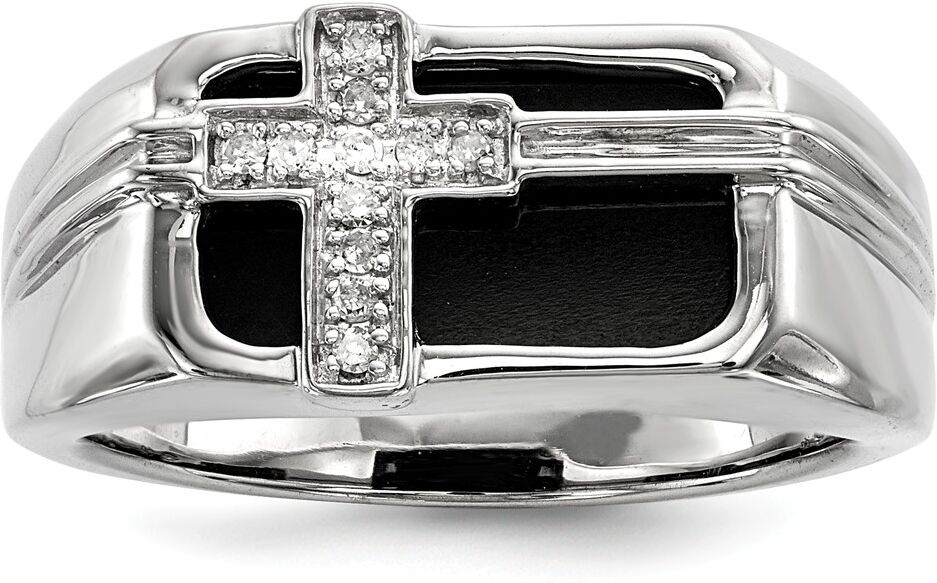 The Black Bow Men's Black Onyx & Diamond Cross Tapered Ring in Sterling Silver Sz 9