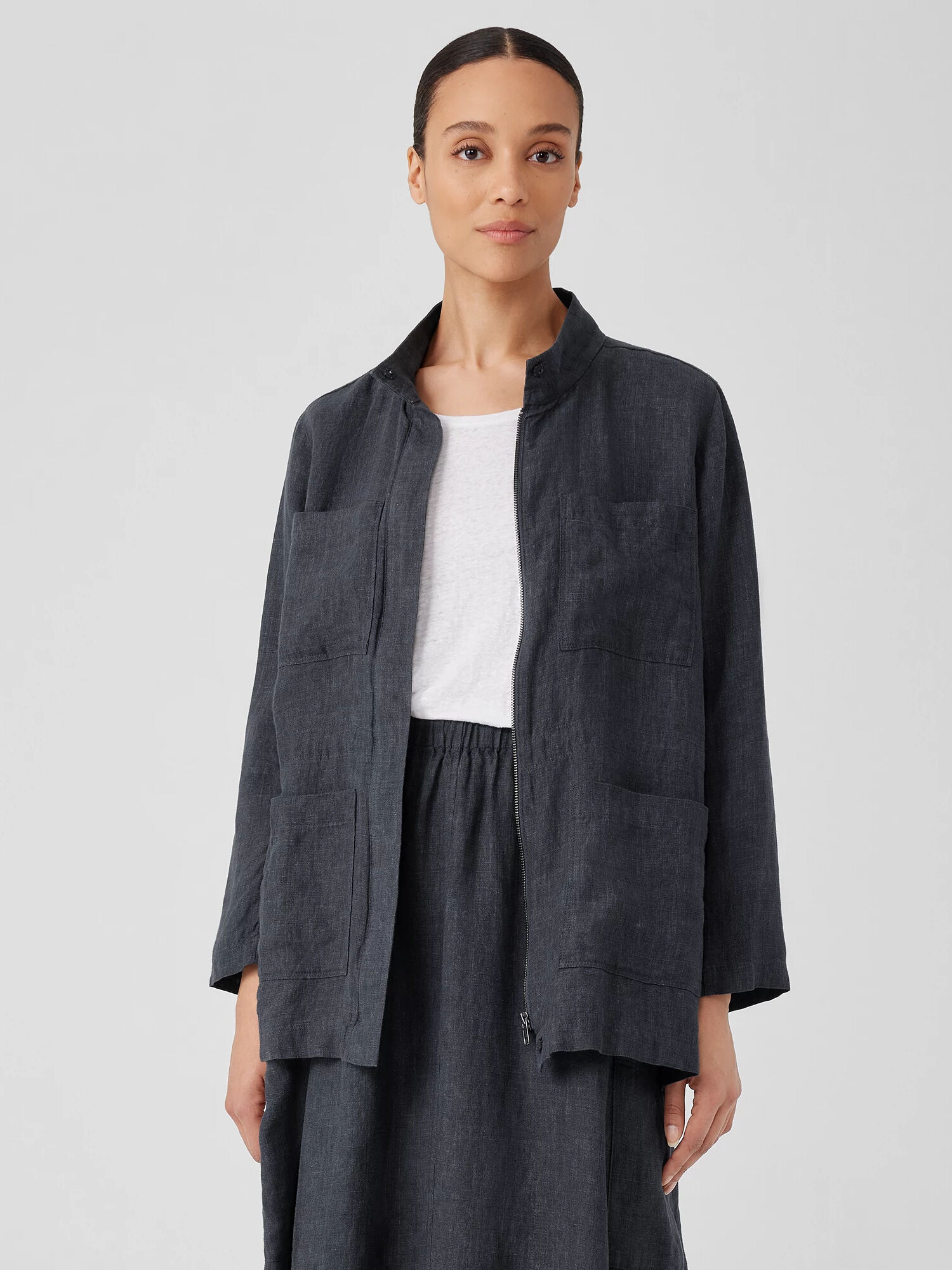 EILEEN FISHER Washed Organic Linen Délavé Stand Collar Jacket  Graphite  female  size:Extra Large