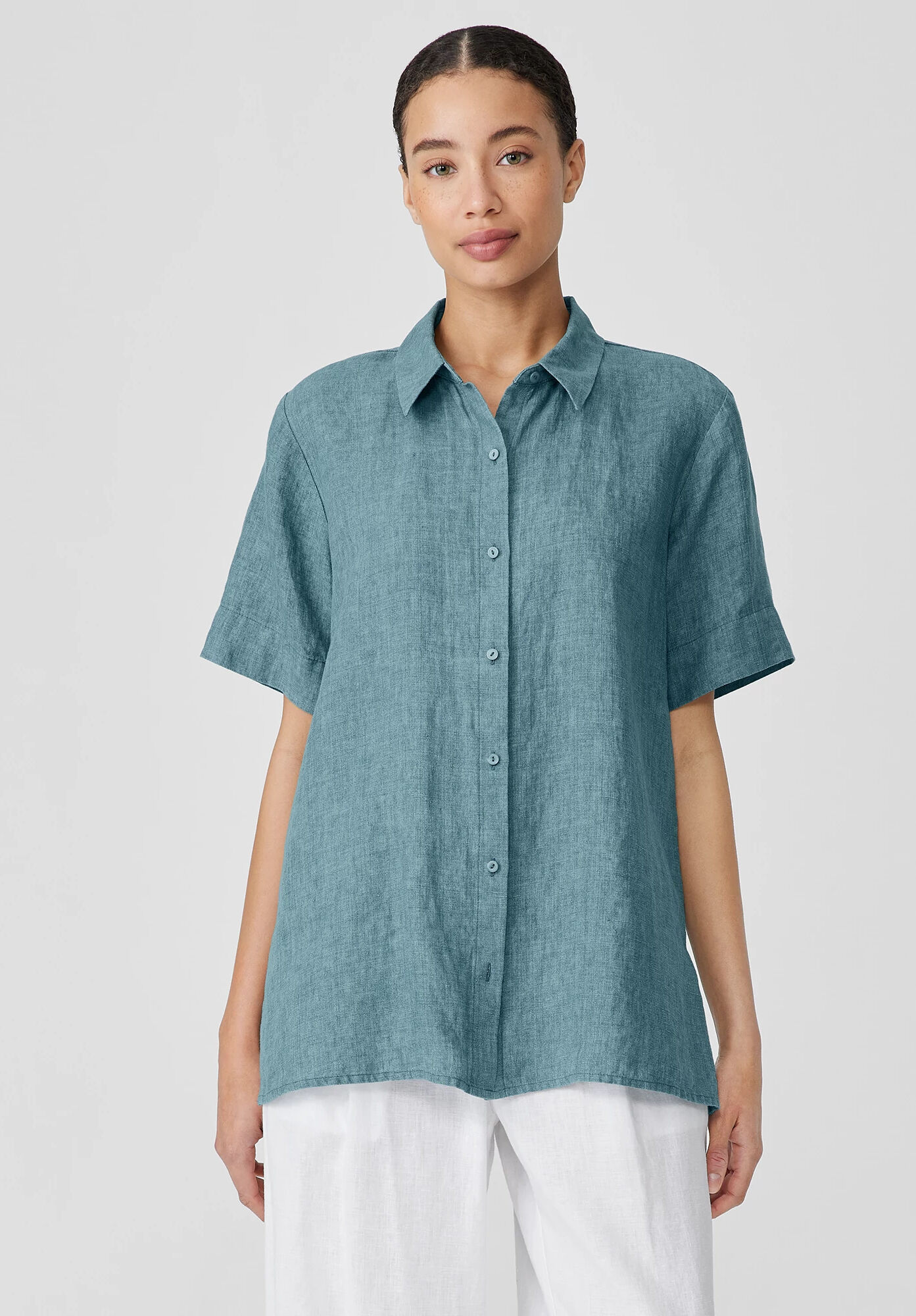 EILEEN FISHER Washed Organic Linen Délavé Short-Sleeve Shirt  Nile  female  size:2X