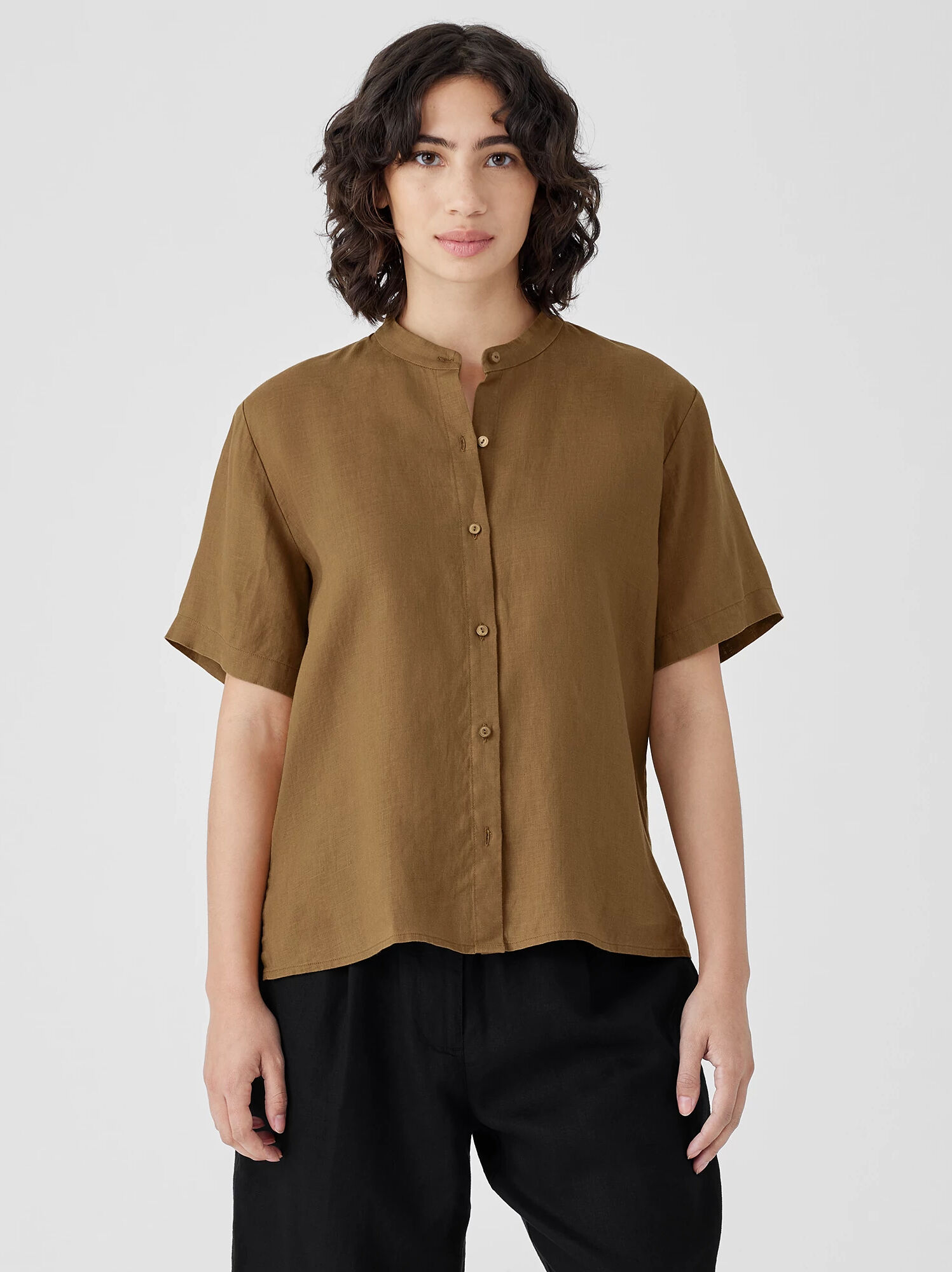 EILEEN FISHER Organic Handkerchief Linen Band Collar Short-Sleeve Shirt  Bronze  female  size:2X