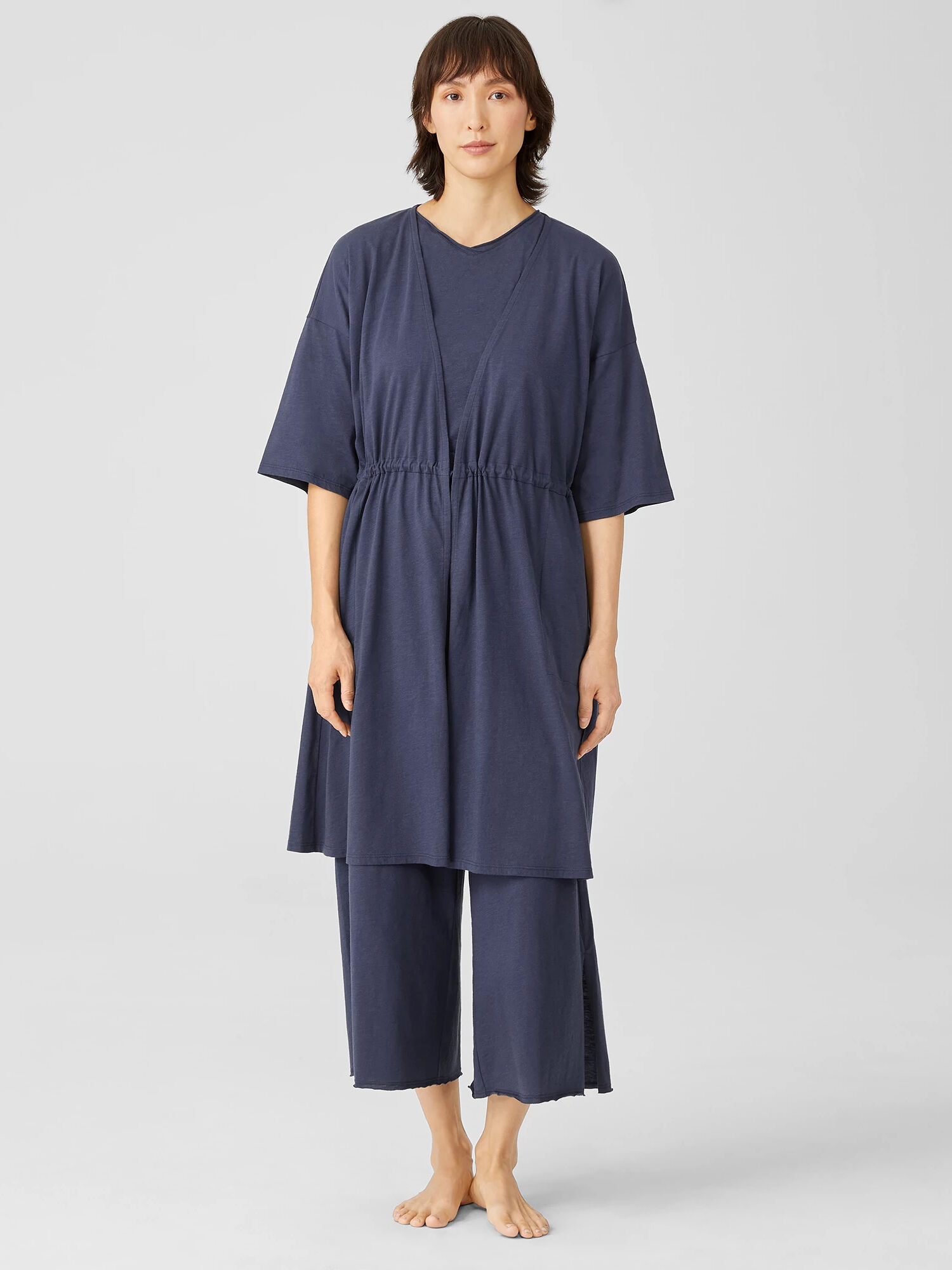 EILEEN FISHER Slubby Organic Cotton V-Neck Sleep Robe  Indigo  female  size:Small/Medium