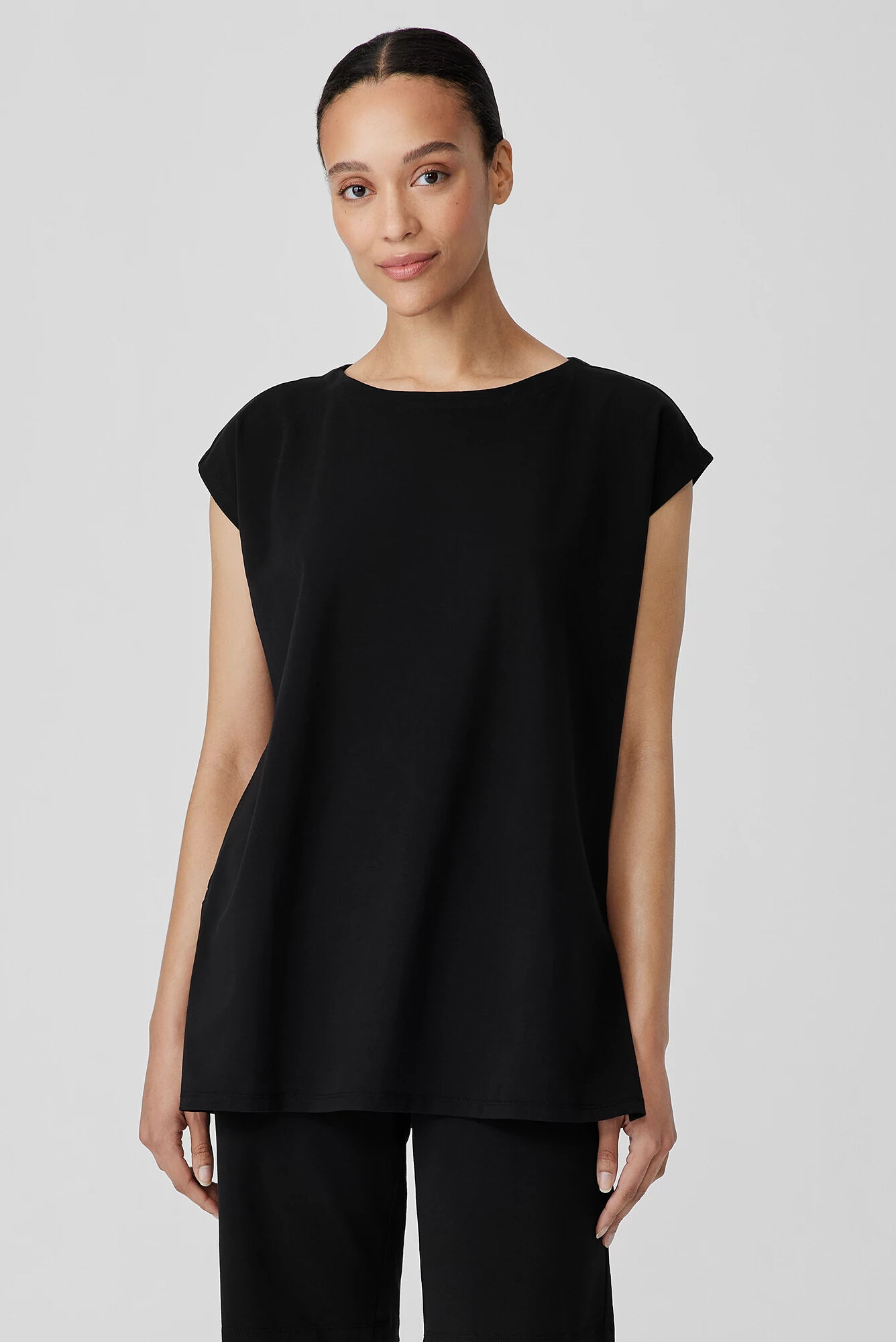 EILEEN FISHER Pima Cotton Stretch Jersey Bateau Neck Long Top  Black  female  size:2X