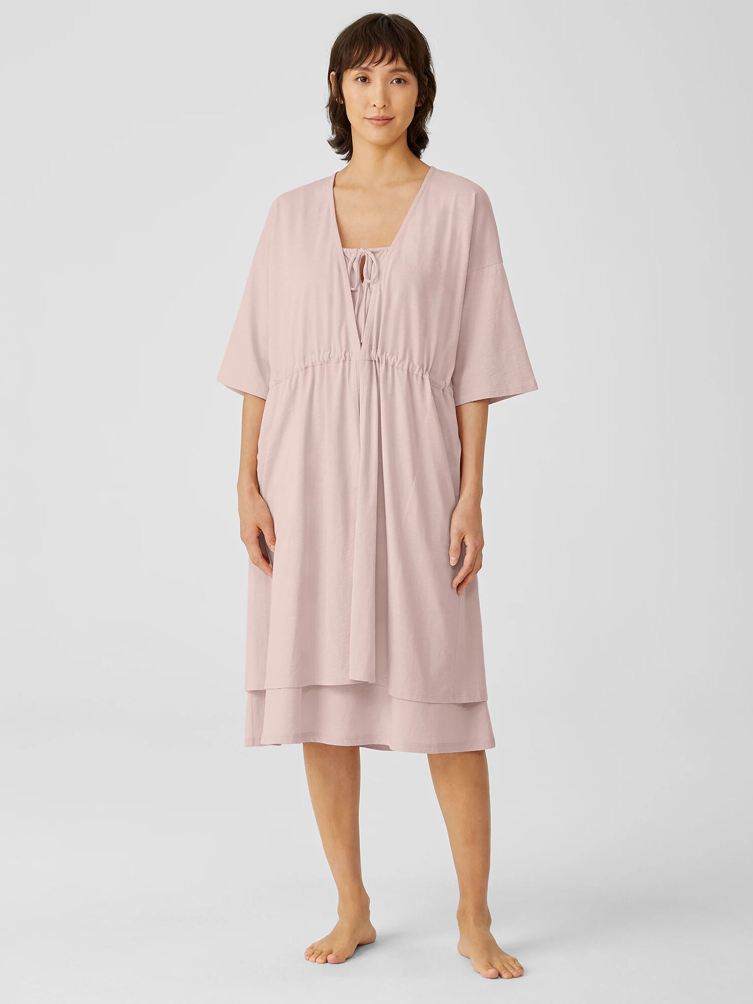 EILEEN FISHER Slubby Organic Cotton V-Neck Sleep Robe  Powder  female  size:XX Small/Extra Small