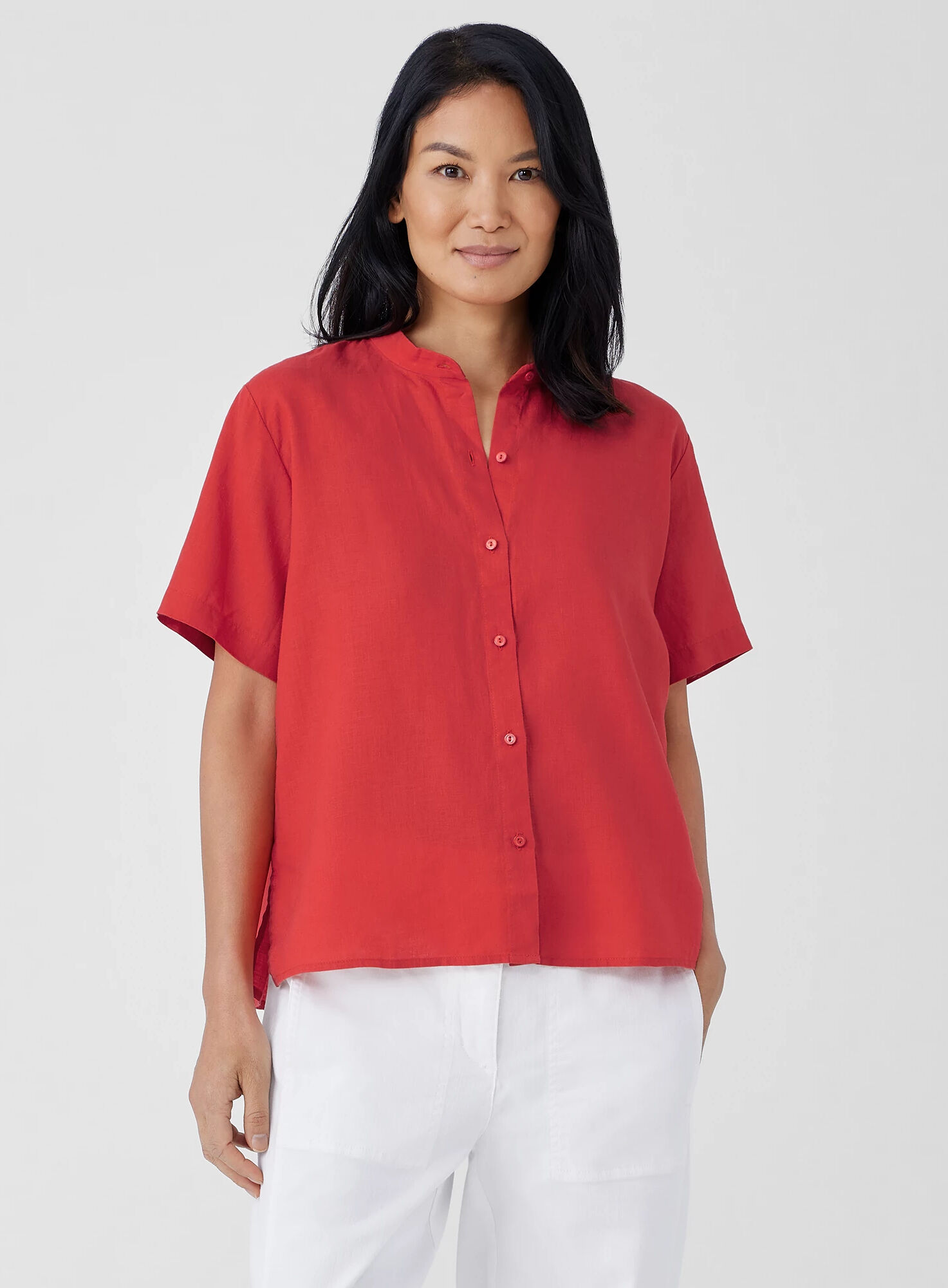 EILEEN FISHER Organic Handkerchief Linen Band Collar Short-Sleeve Shirt  Flame  female  size:2X