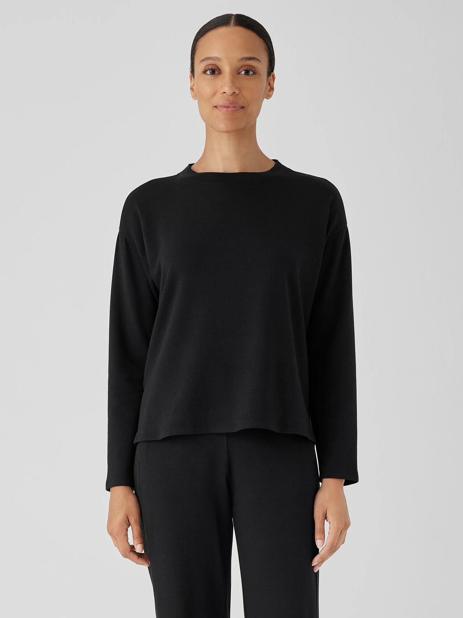 EILEEN FISHER Cozy Brushed Terry Hug Crew Neck Top  Black  female  size:Large