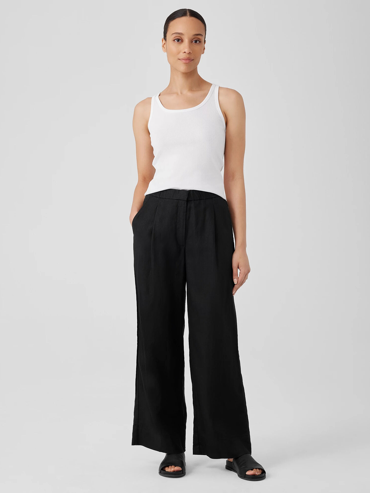 EILEEN FISHER Organic Linen Trouser Pant  Black  female  size:Petite Medium