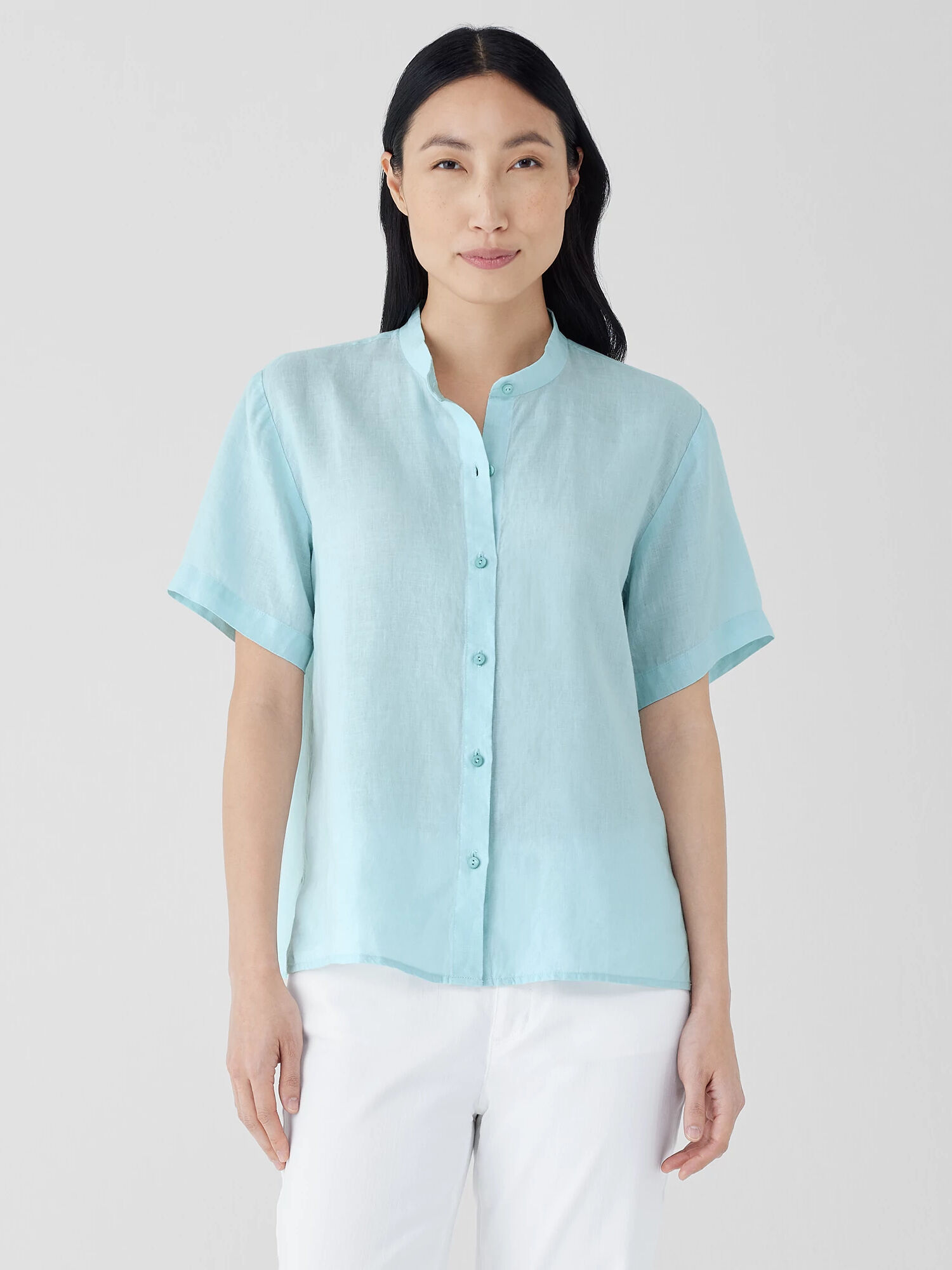 EILEEN FISHER Organic Handkerchief Linen Band Collar Short-Sleeve Shirt  Clearwater  female  size:2X