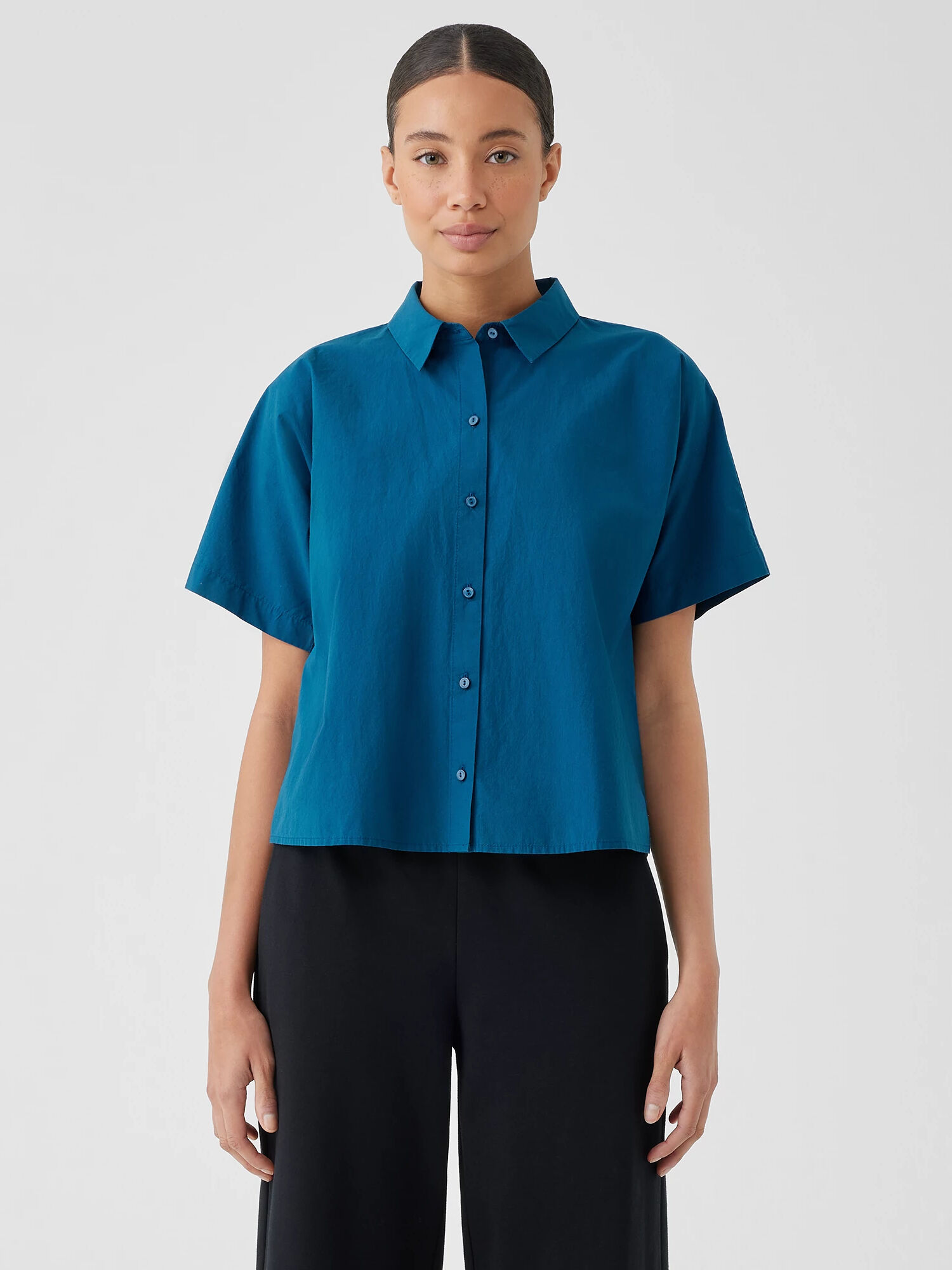 EILEEN FISHER Washed Organic Cotton Poplin Short-Sleeve Shirt  Atlantis  female  size:2X