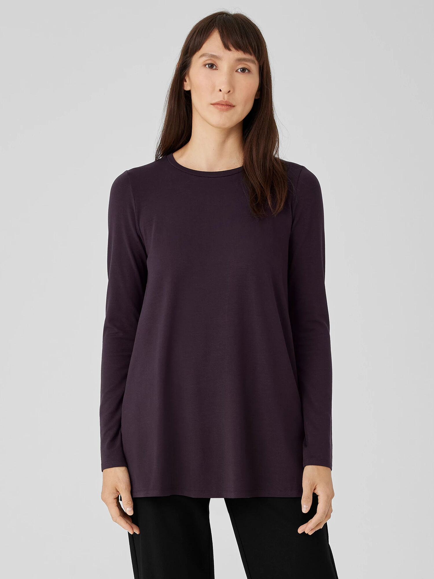 EILEEN FISHER Stretch Jersey Knit Crew Neck Long Top  Cassis  female  size:Petite Medium