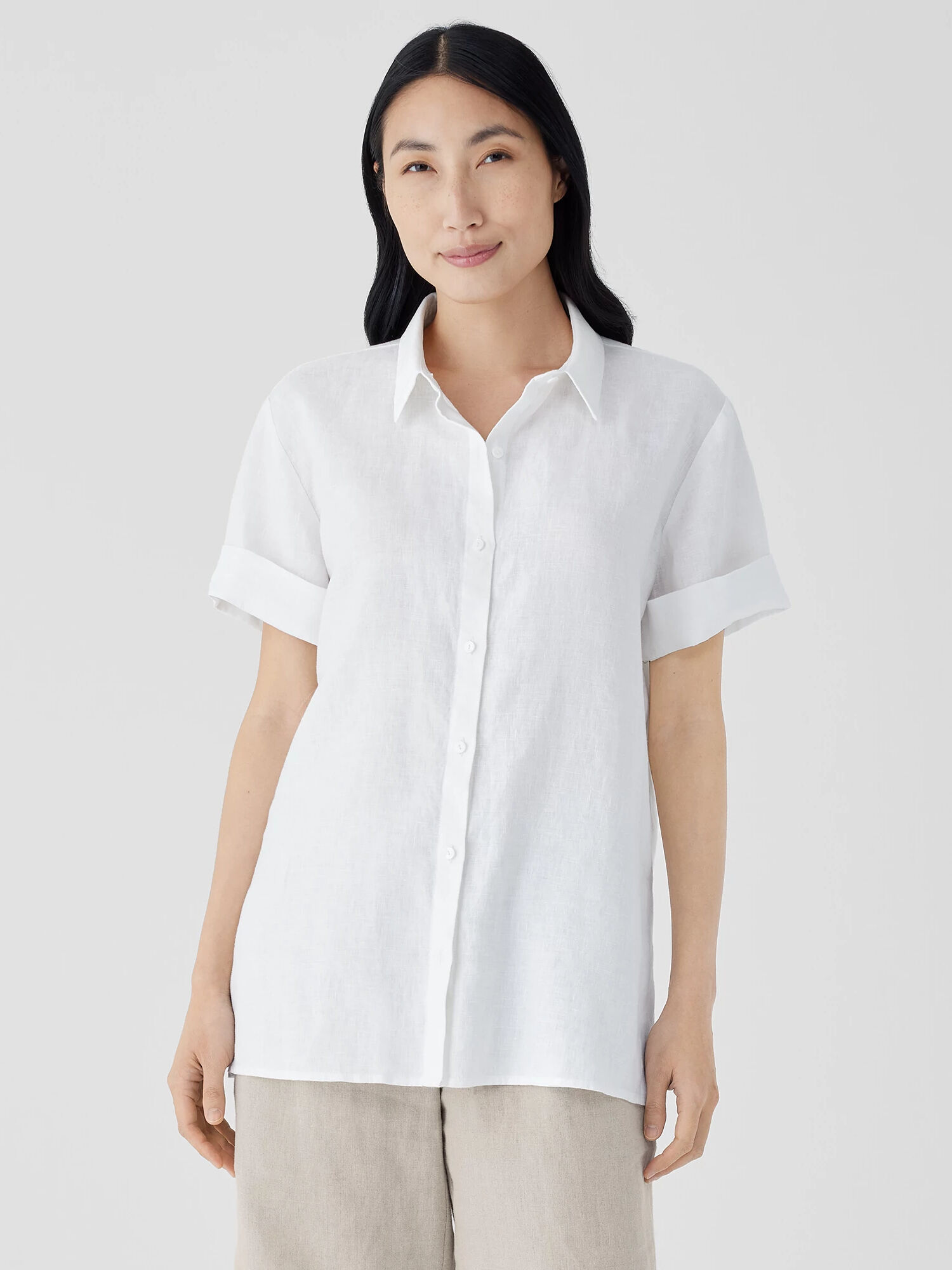 EILEEN FISHER Organic Linen Classic Collar Short-Sleeve Shirt  White  female  size:2X