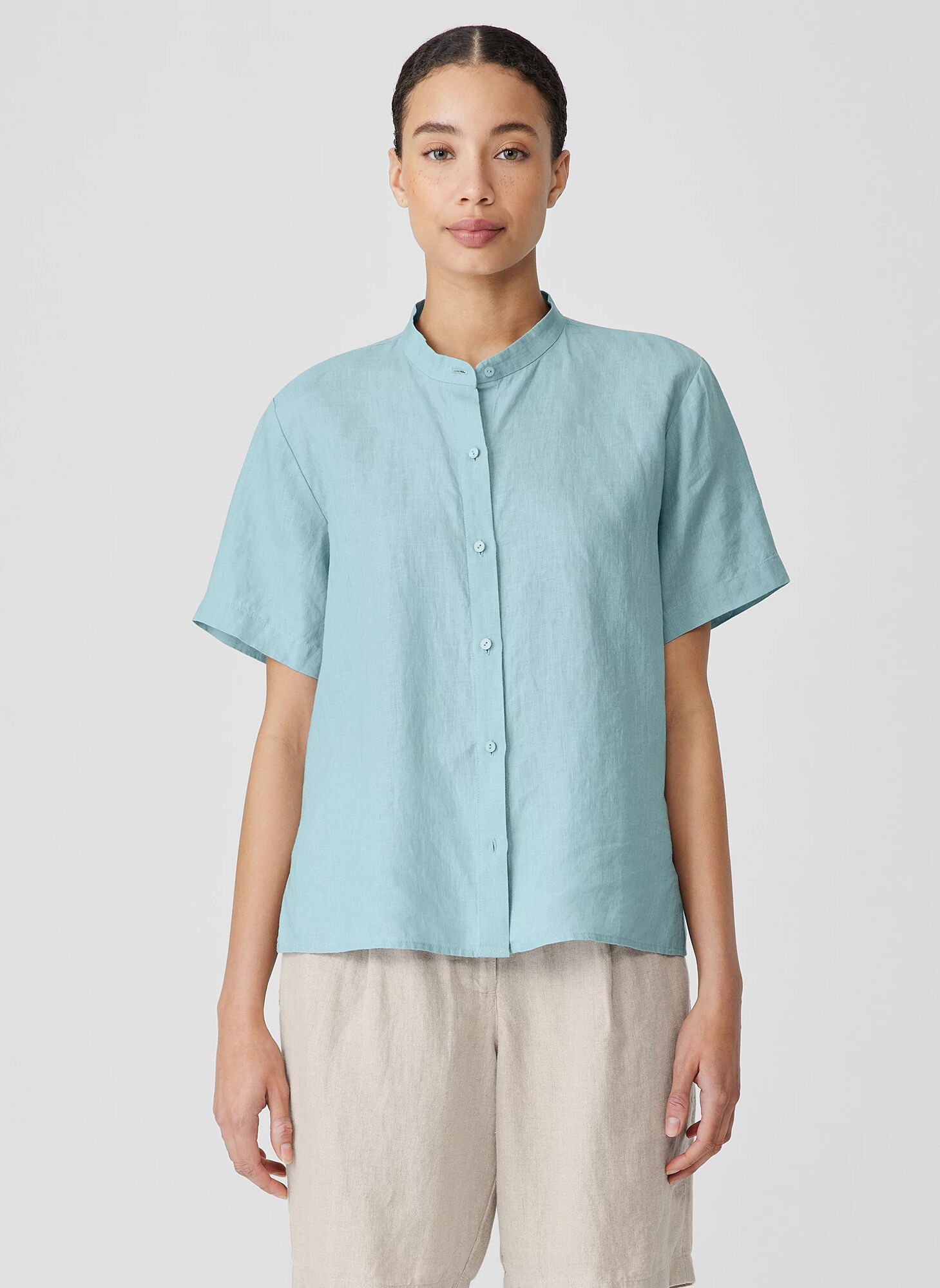 EILEEN FISHER Organic Handkerchief Linen Band Collar Short-Sleeve Shirt  Seafoam  female  size:2X