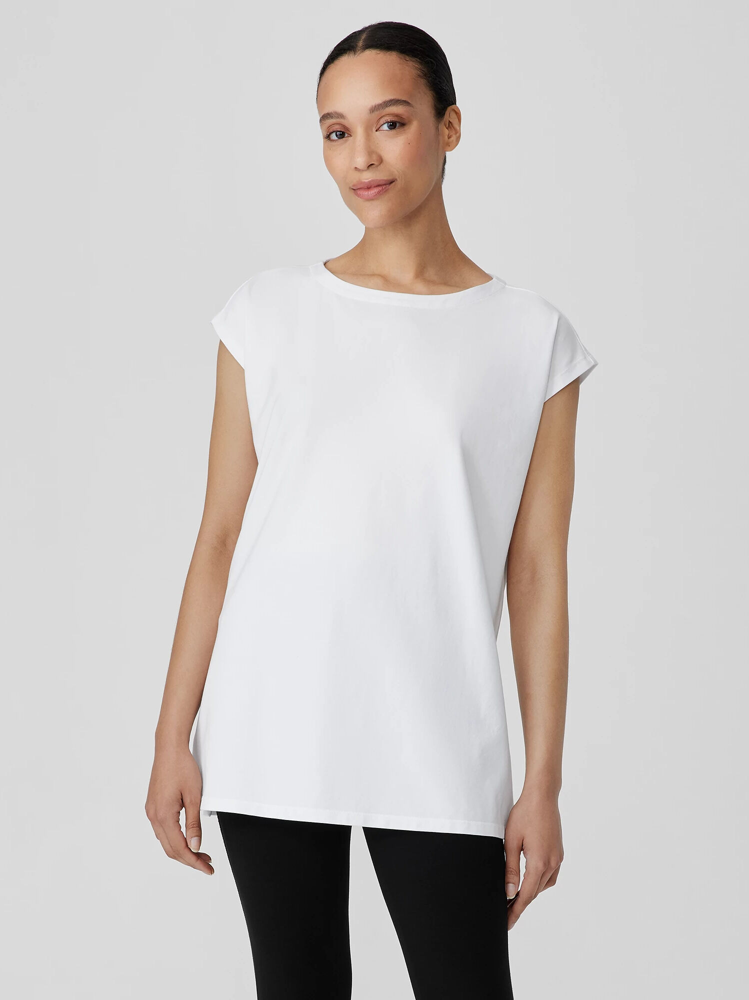 EILEEN FISHER Pima Cotton Stretch Jersey Bateau Neck Long Top  White  female  size:1X